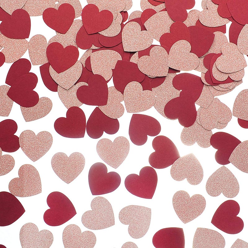 MOWO Glitter Heart Confetti for Table Wedding Birthday Party Decoration, 1.2 inch in Diameter (rose gold glitter,burgundy,200pc) - Image 1